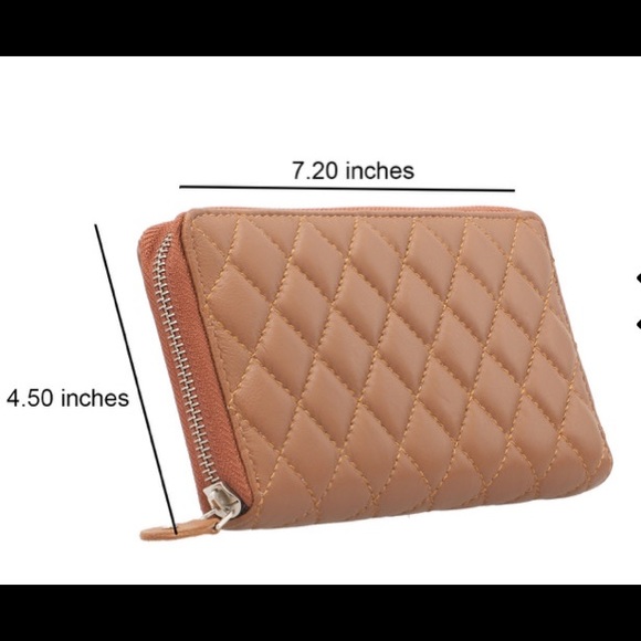 Designer Inspired RFID Genuine Leather Quilted Zip Around Clutch Wallet Cognac - Picture 6 of 11